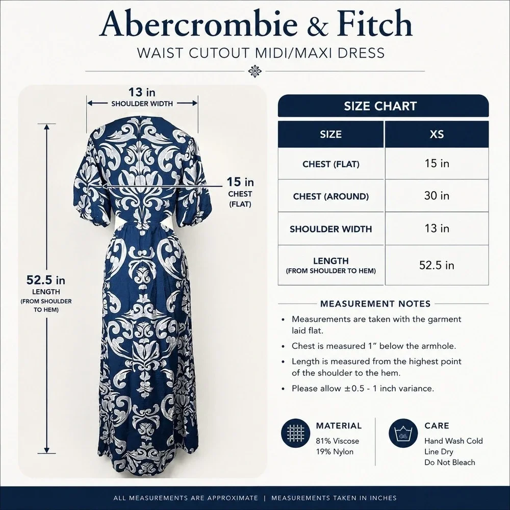 Abercrombie & Fitch Dress XS Blue Waist Cutout Damask Puff Sleeve Maxi Midi Boho